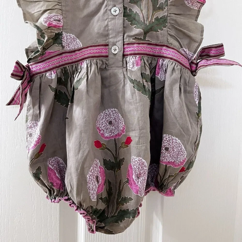 Pink Chicken Olive Green Floral Romper Side Bows Cotton Girls Size 6-12 Months